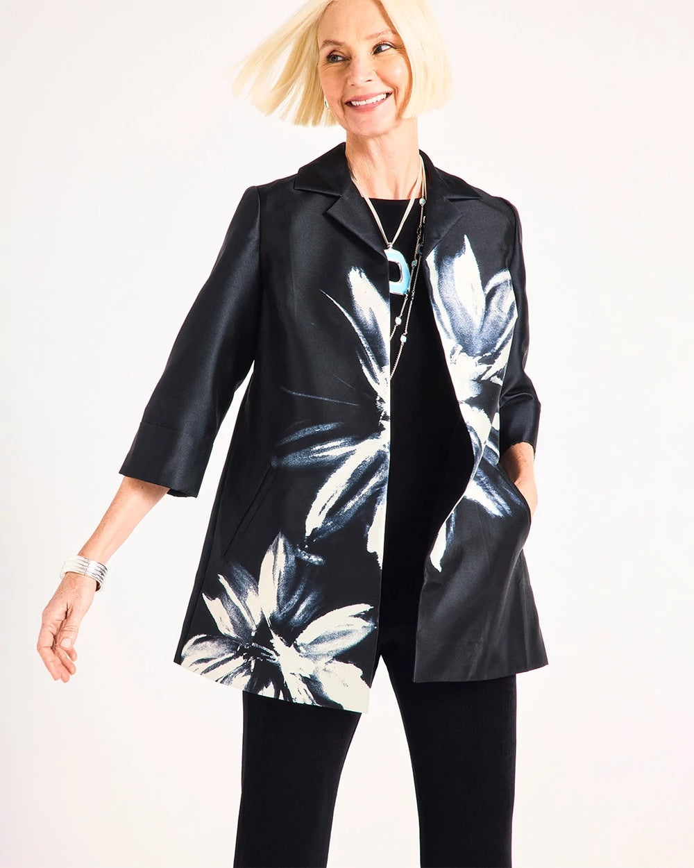Chico's | Travelers™ Collection Floral Long Jacket/ Travelers Black