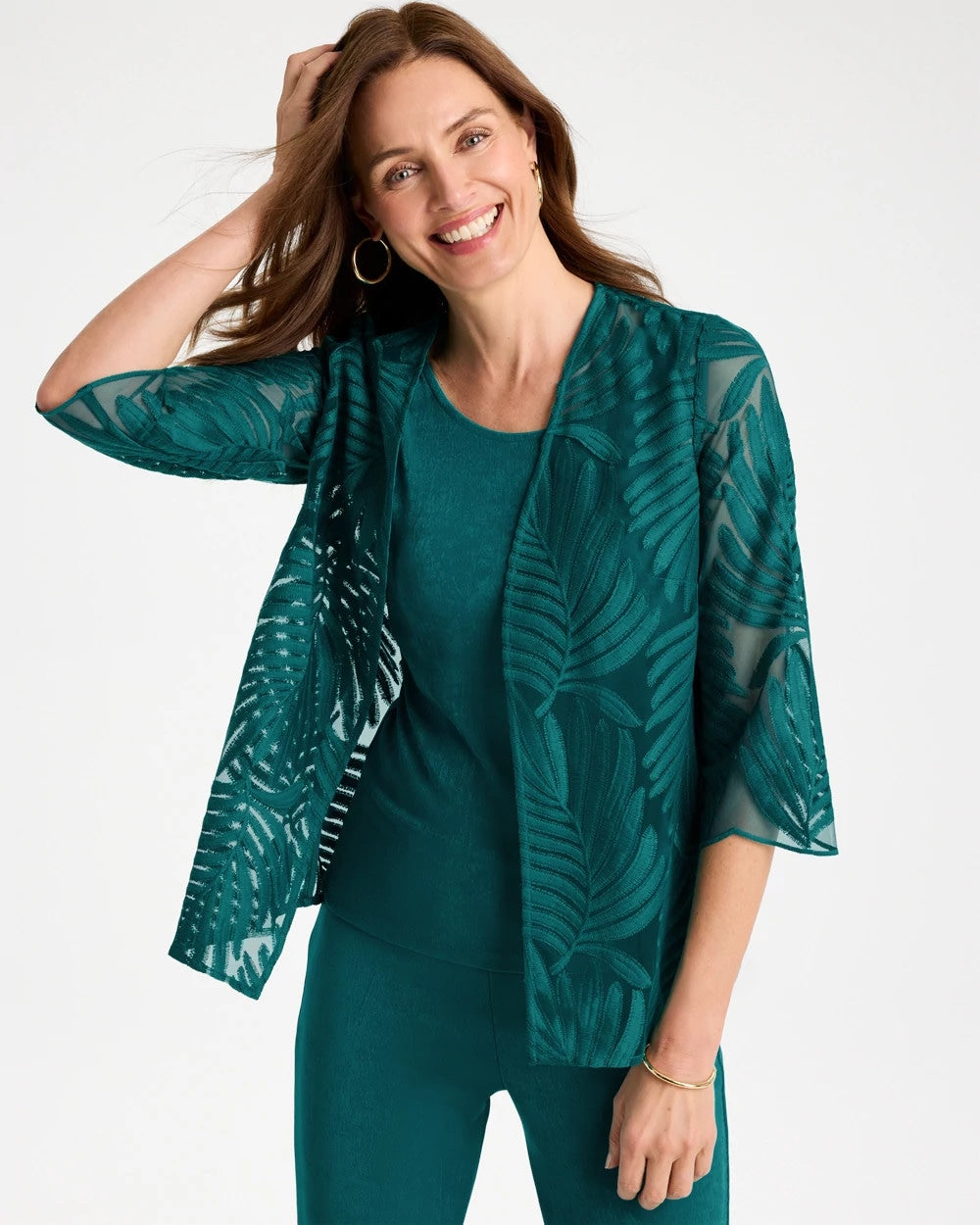 Chico's | Travelers™ Collection Palm Frond Sheer Jacket/ Jade Glow