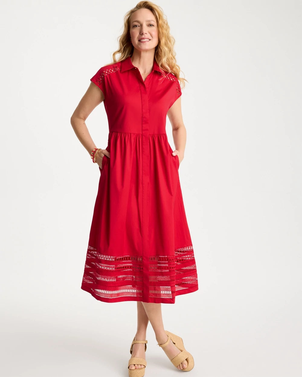 Chico's | Lace Trim Midi Shirtdress/ Cherry Lush
