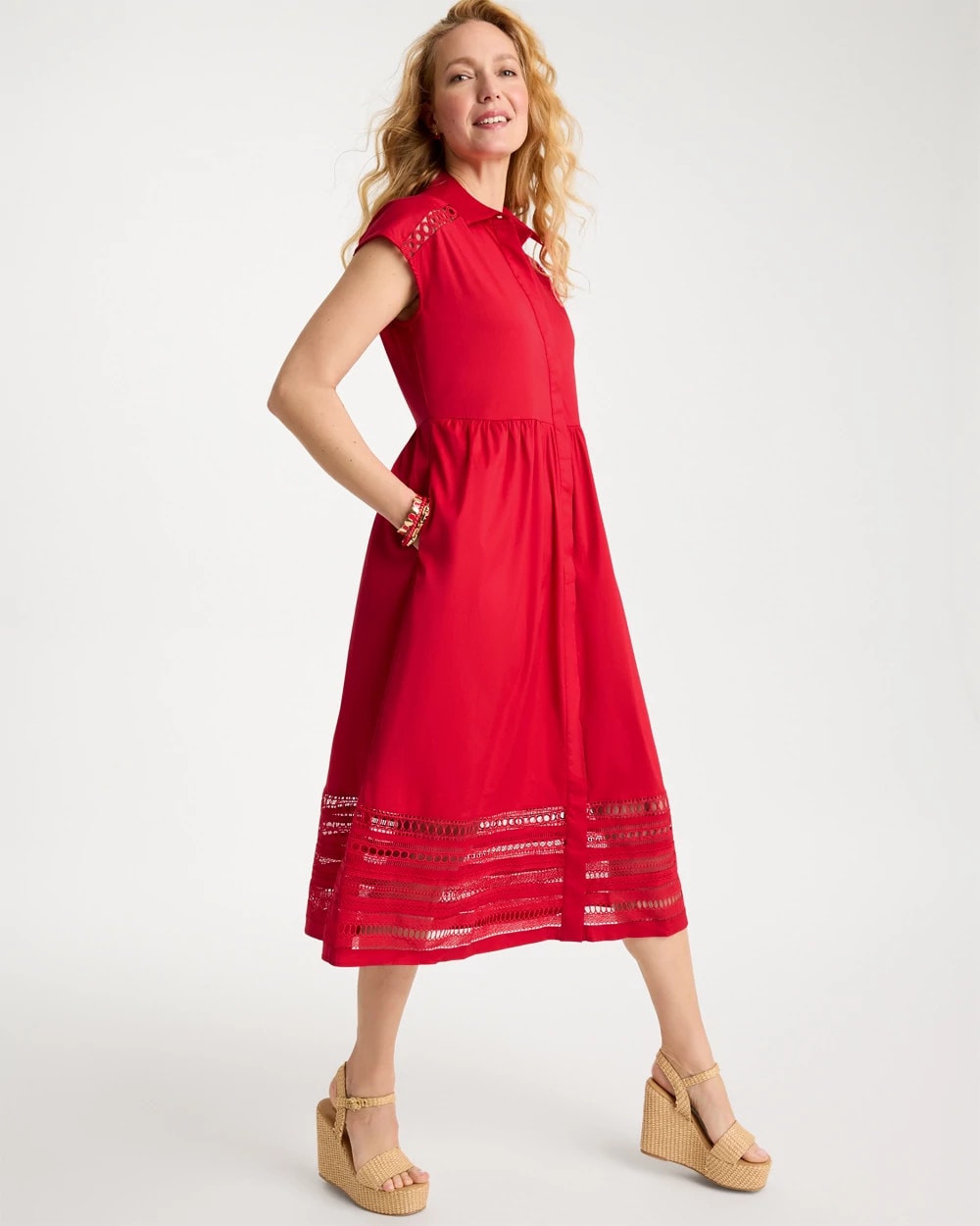 Chico's | Lace Trim Midi Shirtdress/ Cherry Lush