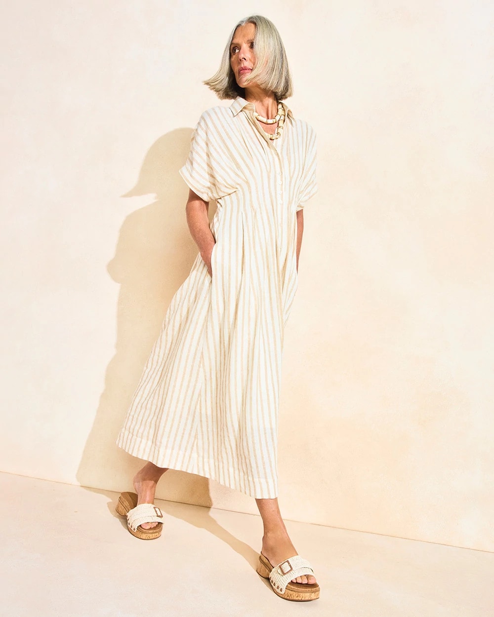 Chico's | Linen-Blend Metallic Striped Dress/ Alabaster