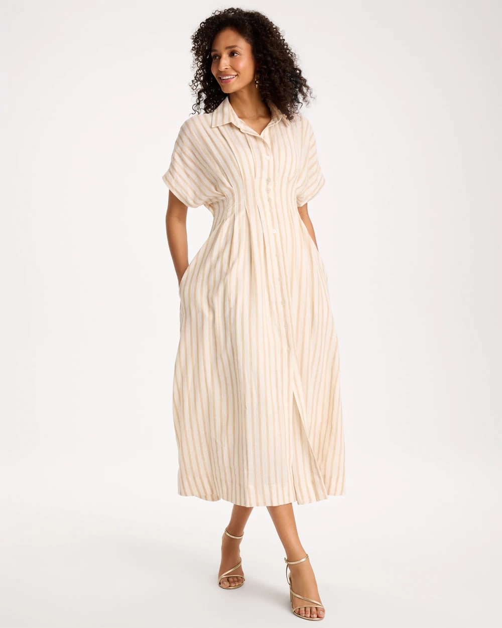 Chico's | Linen-Blend Metallic Striped Dress/ Alabaster