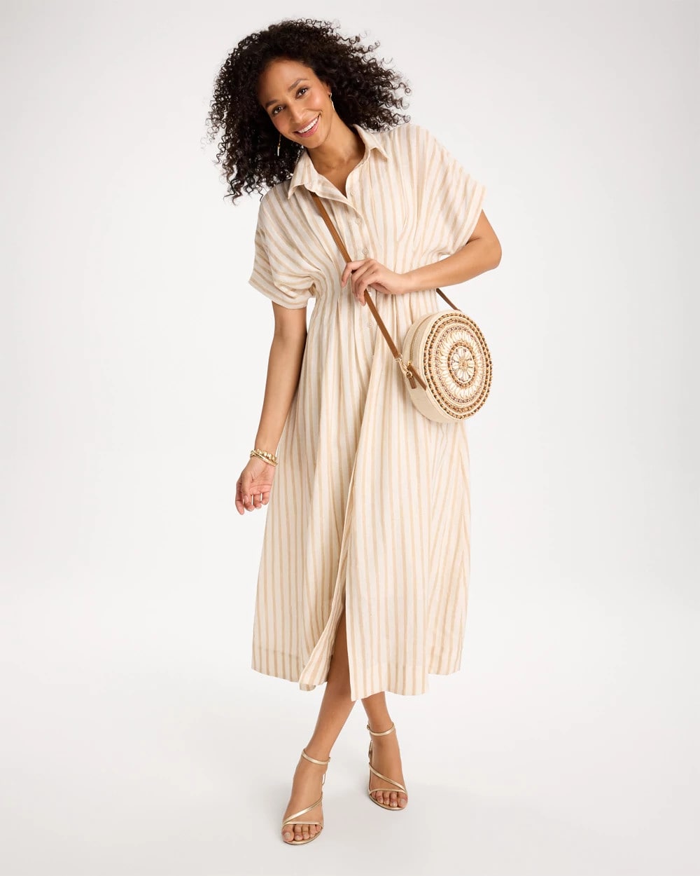 Chico's | Linen-Blend Metallic Striped Dress/ Alabaster