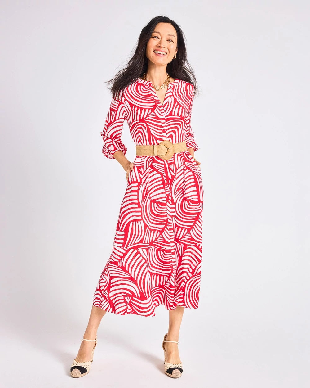 Chico's | Printed Midi Shirt Dress/ Cherry Lush