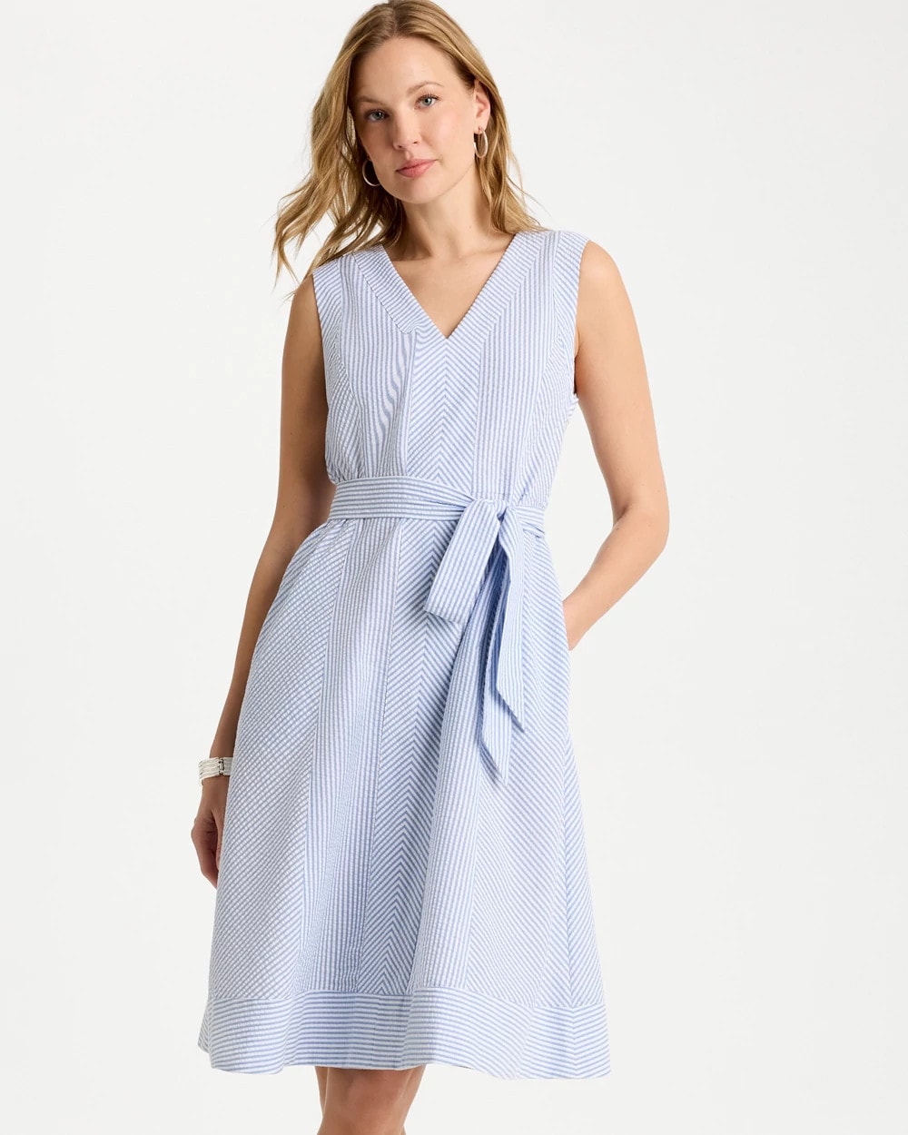 Chico's | Seersucker V-Neck Sleeveless Dress/ Light Blue