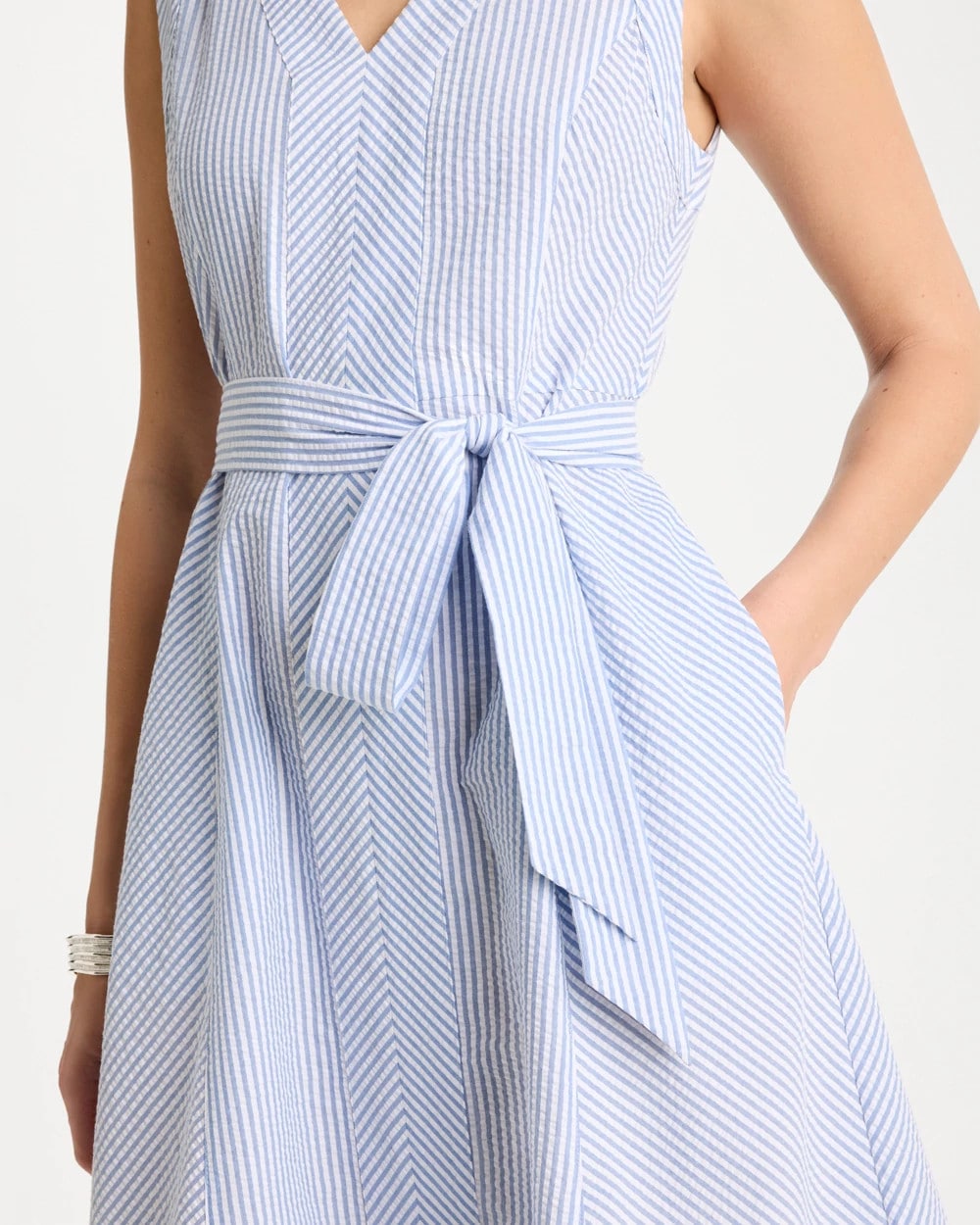 Chico's | Seersucker V-Neck Sleeveless Dress/ Light Blue