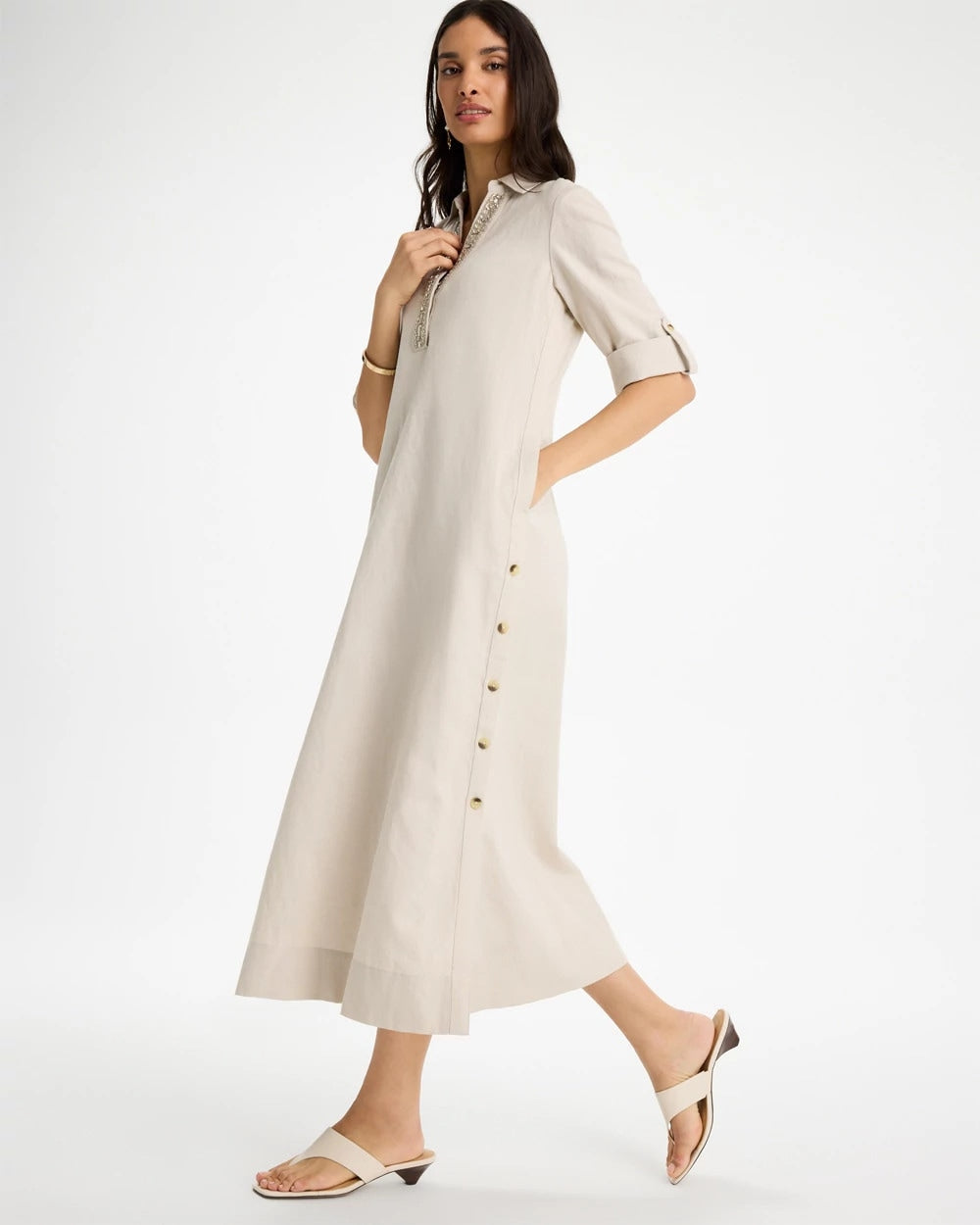 Chico's | Embellished Linen Dress/ River Rock