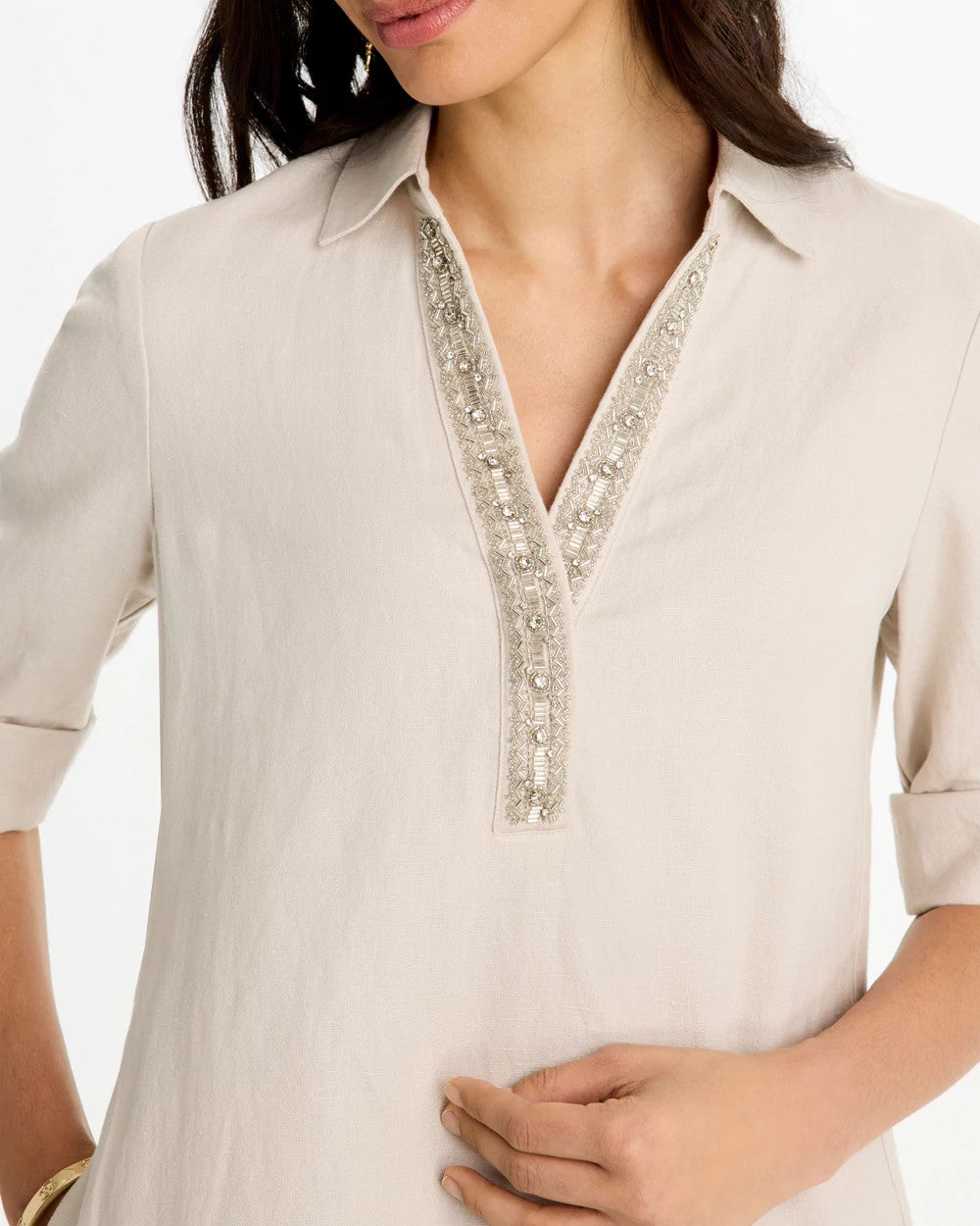 Chico's | Embellished Linen Dress/ River Rock