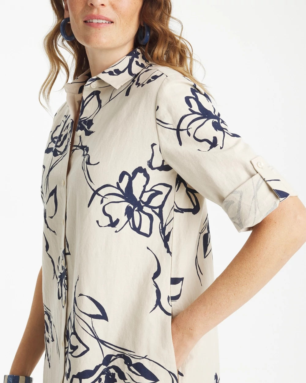 Chico's | Printed Linen-Cotton Shirtdress/ Passport Blue