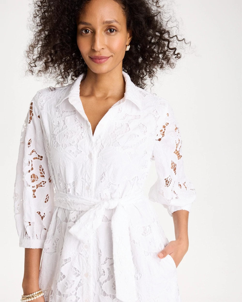 Chico's | Lace Cutout Belted Shirtdress/ Alabaster