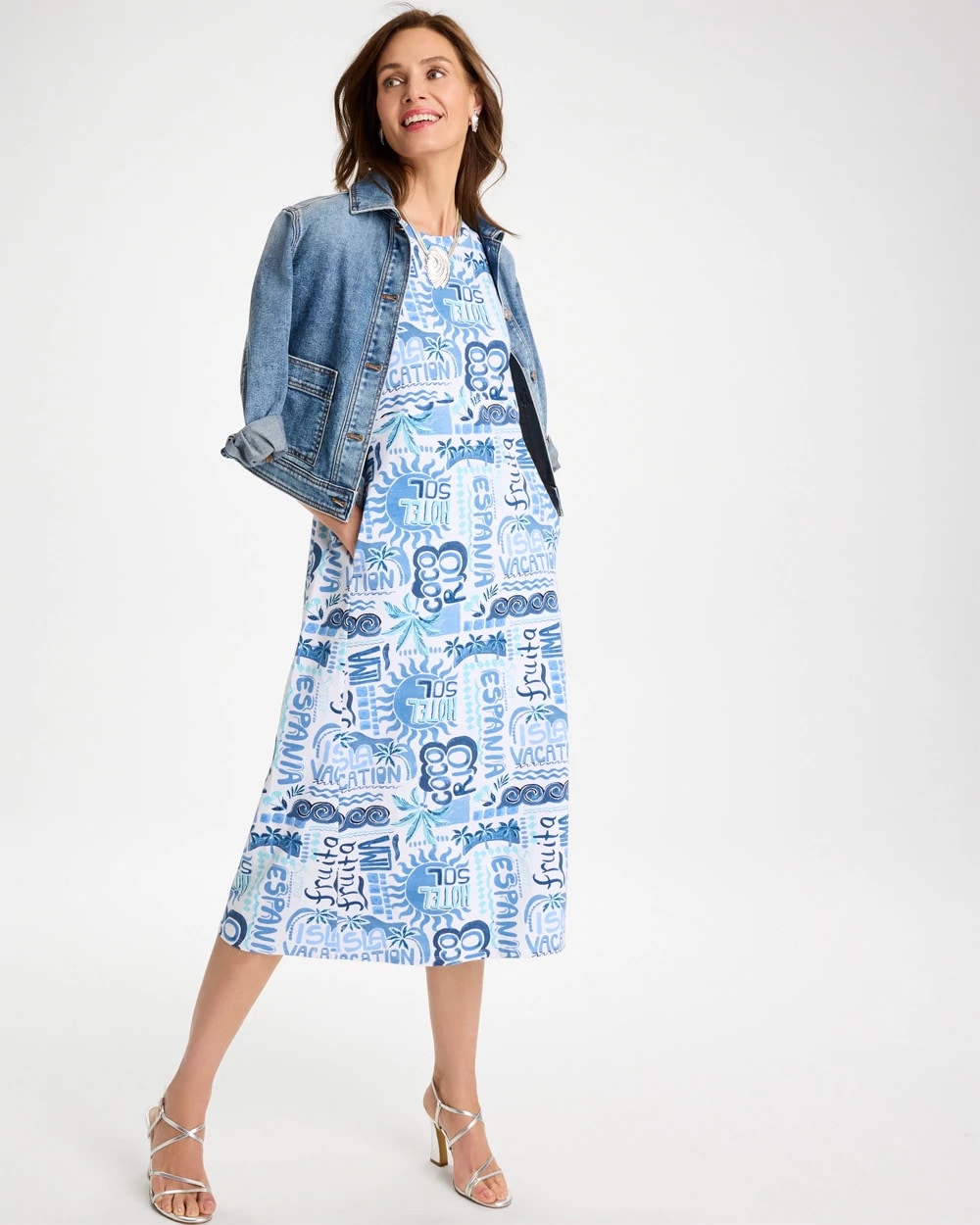 Chico's | Soft-Stretch Sleeveless Tropical Dress/ Passport Blue