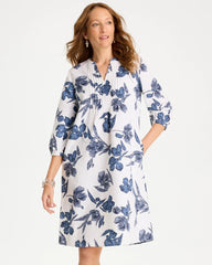 Chico's | Floral Linen-Cotton Pintuck Dress/ Alabaster