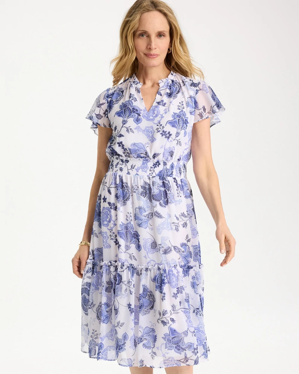 Chico's | Floral Smocked Waist Dress/ Alabaster