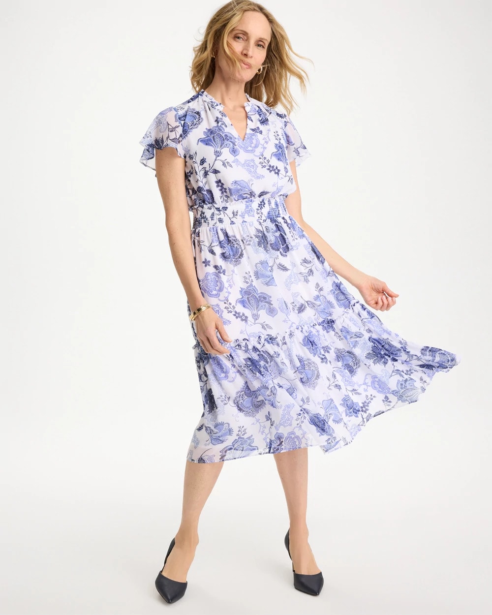 Chico's | Floral Smocked Waist Dress/ Alabaster