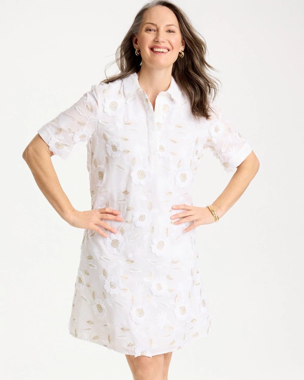 Chico's | 3D Floral Embroidered Dress/ Alabaster