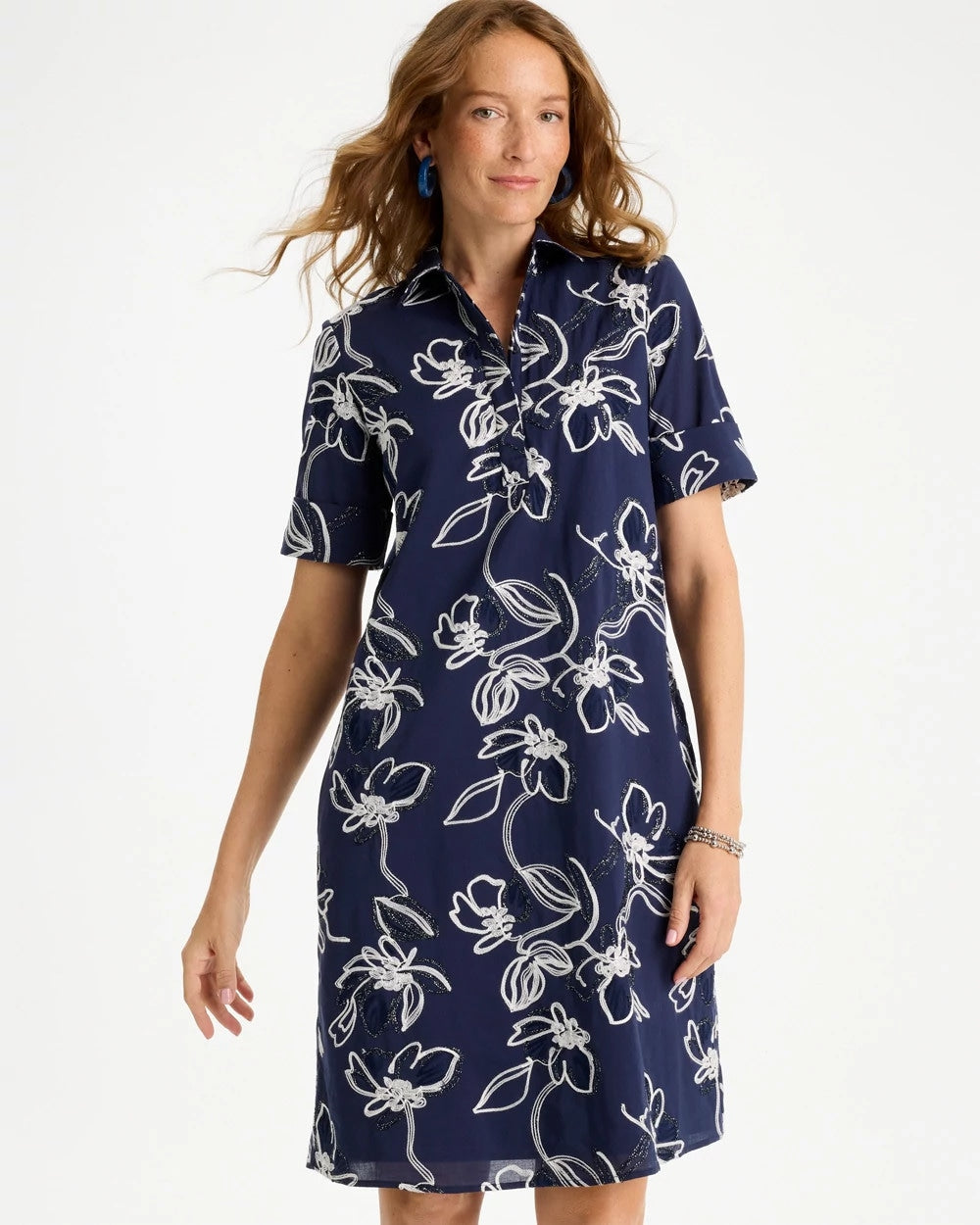 Chico's | Embroidered Floral Dress/ Passport Blue