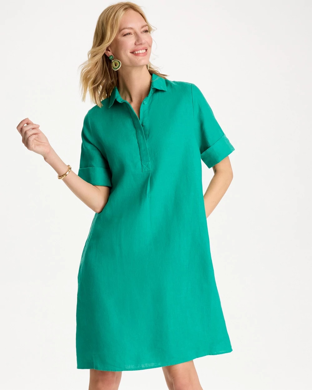 Chico's | Linen Popover Dress/ Topanga Green