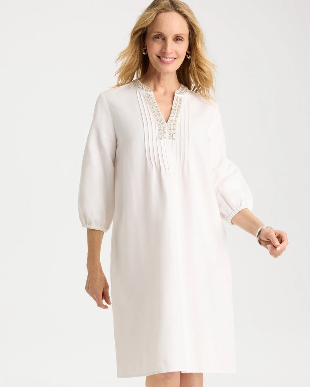 Chico's | Embellished Pintuck Dress/ Alabaster