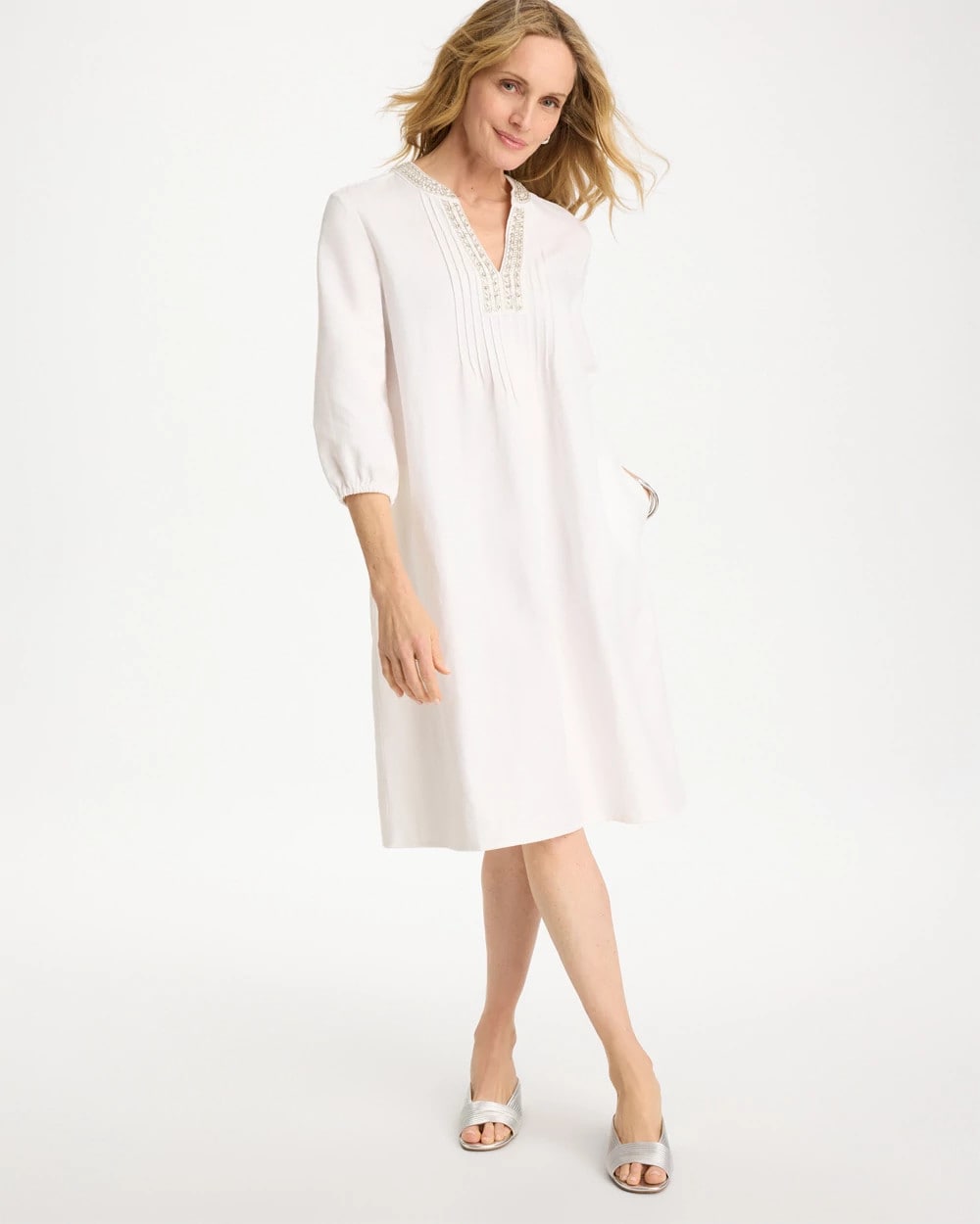 Chico's | Embellished Pintuck Dress/ Alabaster