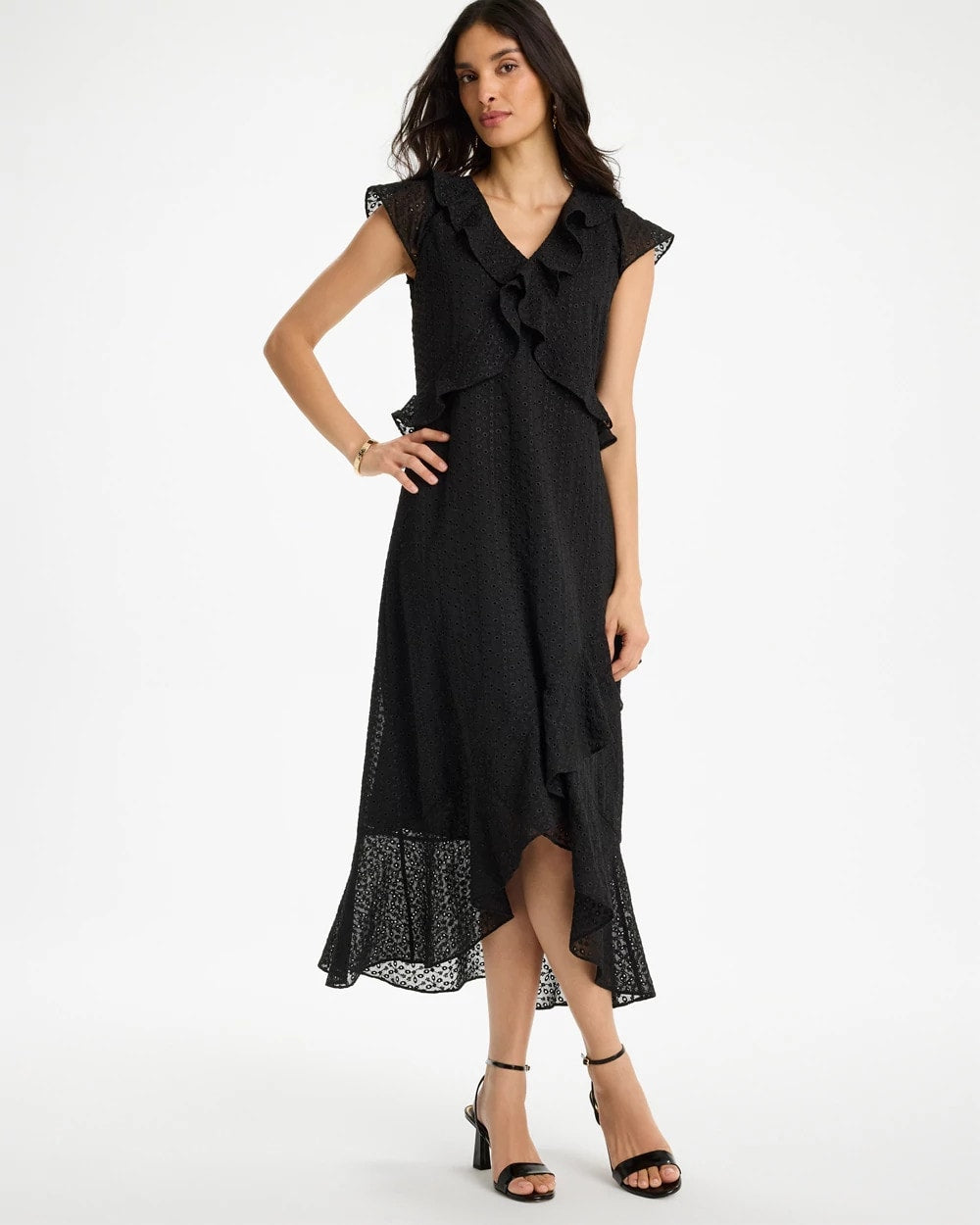 Chico's | Floral Surplice Ruffled Dress/ Black