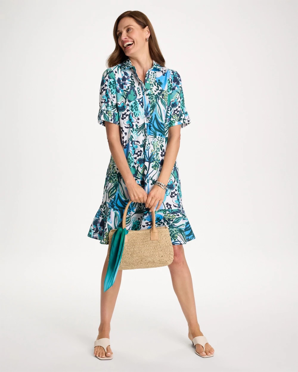 Chico's | Floral Linen-Cotton Popover Dress/ Alabaster