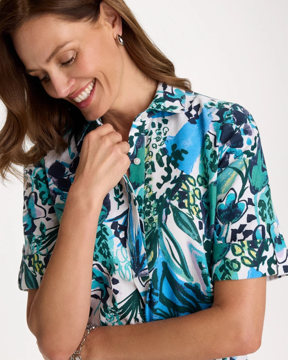 Chico's | Floral Linen-Cotton Popover Dress/ Alabaster