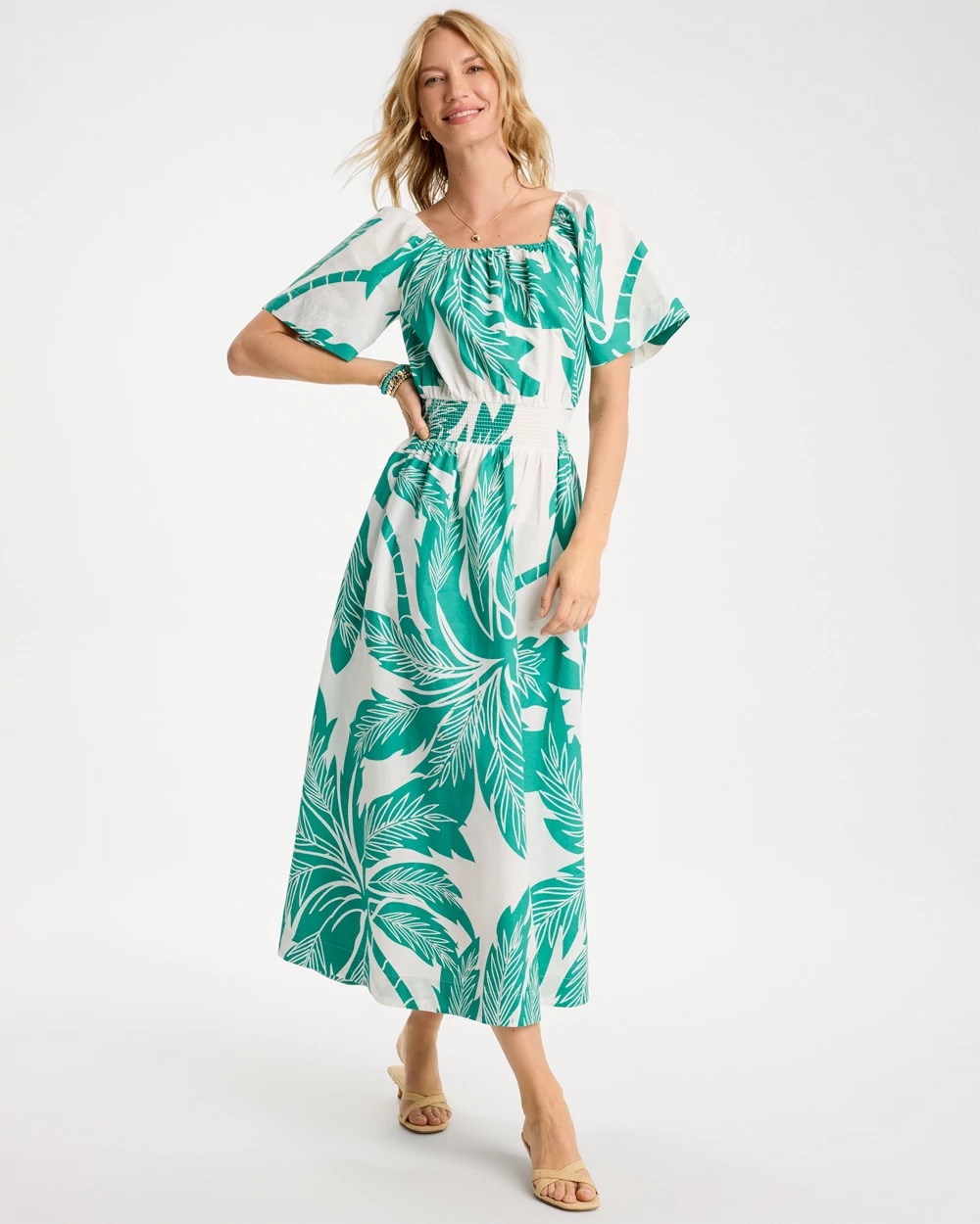 Chico's | Poplin Cotton Off-Shoulder Printed Dress/ Topanga Green
