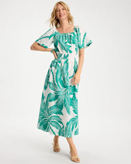Chico's | Poplin Cotton Off-Shoulder Printed Dress/ Topanga Green