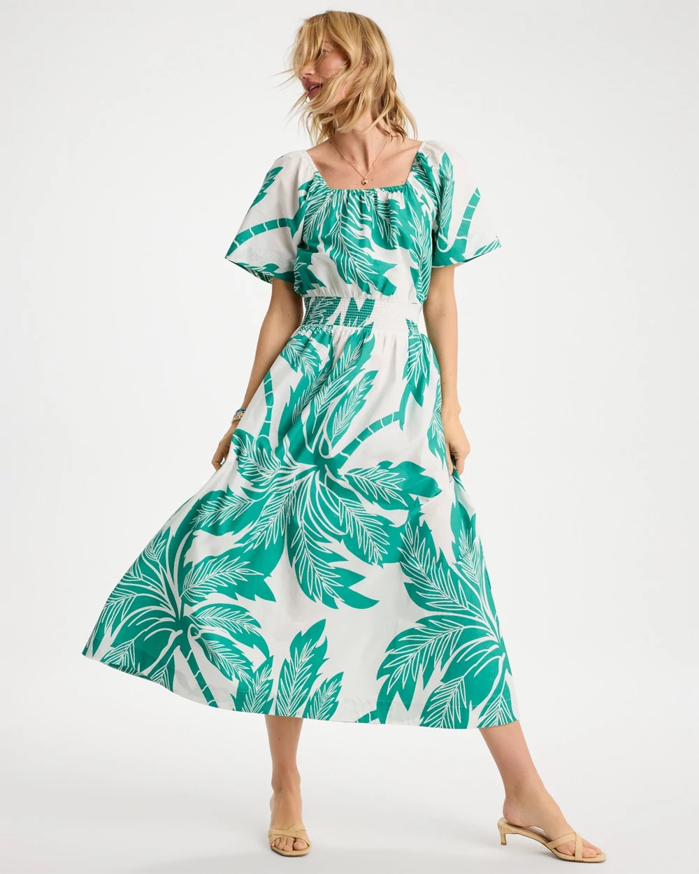 Chico's | Poplin Cotton Off-Shoulder Printed Dress/ Topanga Green