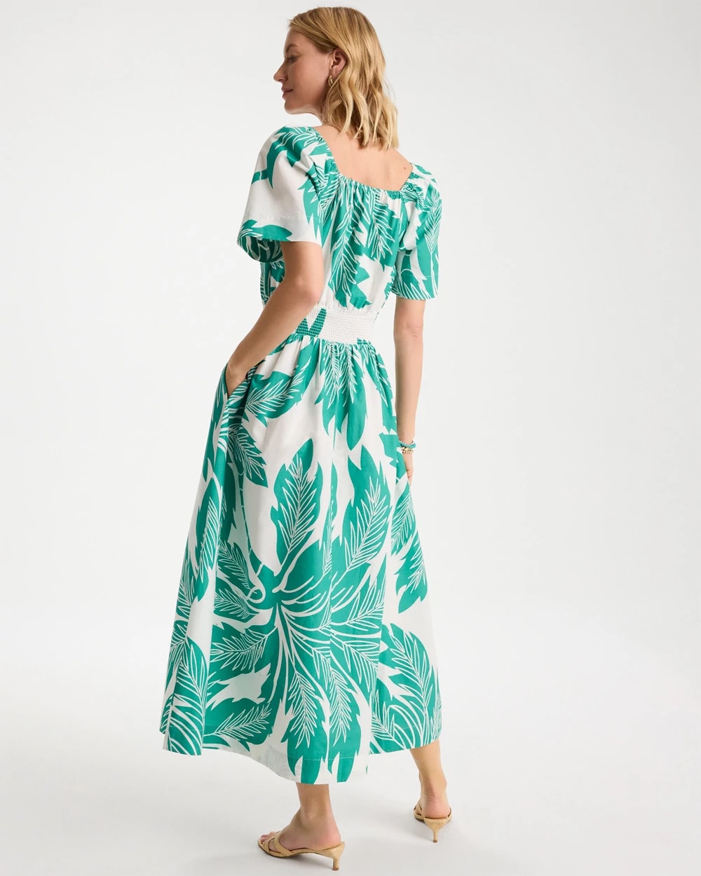 Chico's | Poplin Cotton Off-Shoulder Printed Dress/ Topanga Green