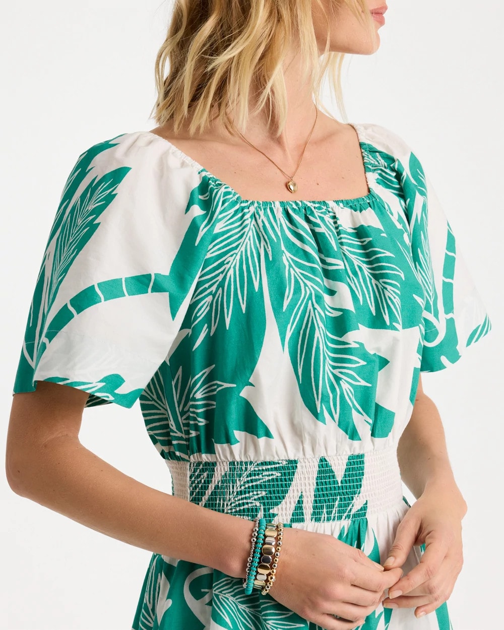 Chico's | Poplin Cotton Off-Shoulder Printed Dress/ Topanga Green