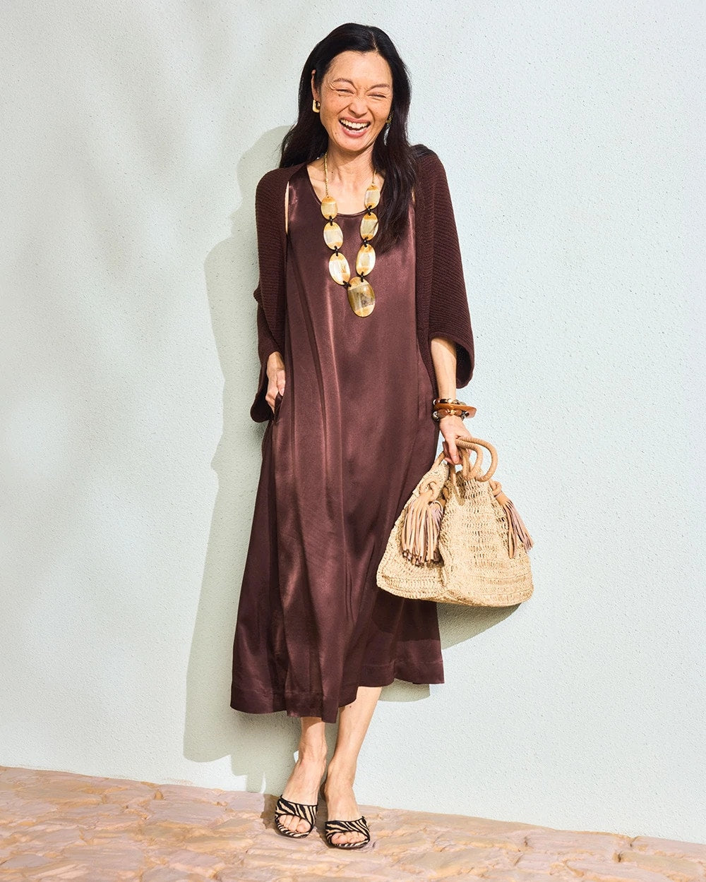 Chico's | Faux Satin Sleeveless Dress/ Deep Brown