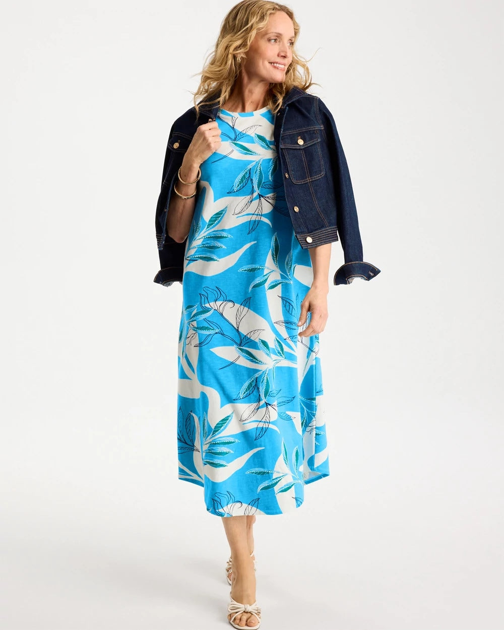 Chico's | Printed Soft-Stretch Cotton Slub Dress/ Blue Tide
