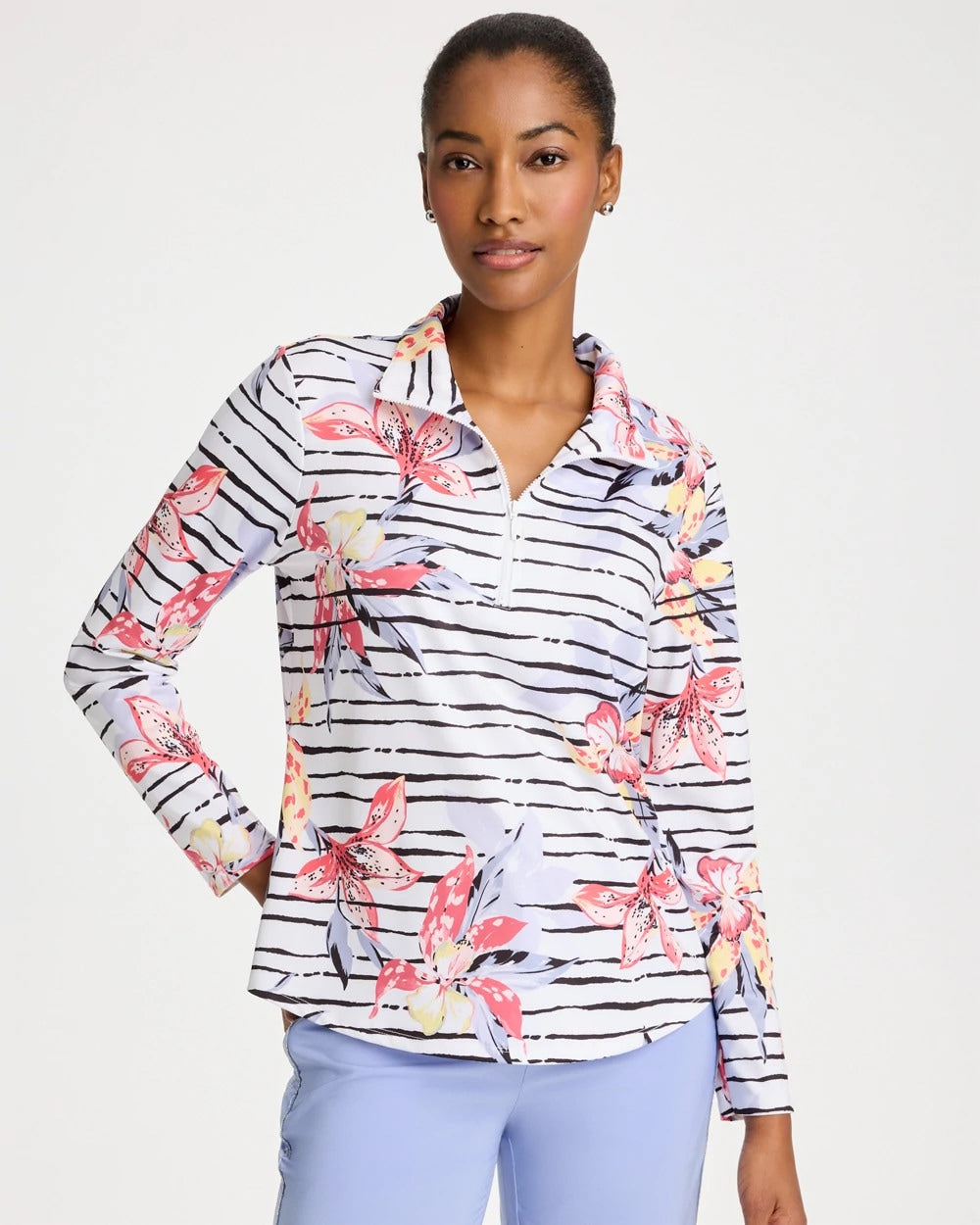 Chico's | Zenergy® UPF Lily Print Half Zip/ Calypso Coral