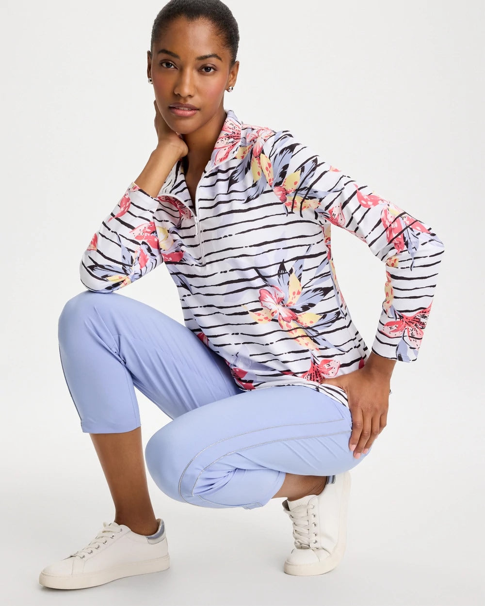 Chico's | Zenergy® UPF Lily Print Half Zip/ Calypso Coral