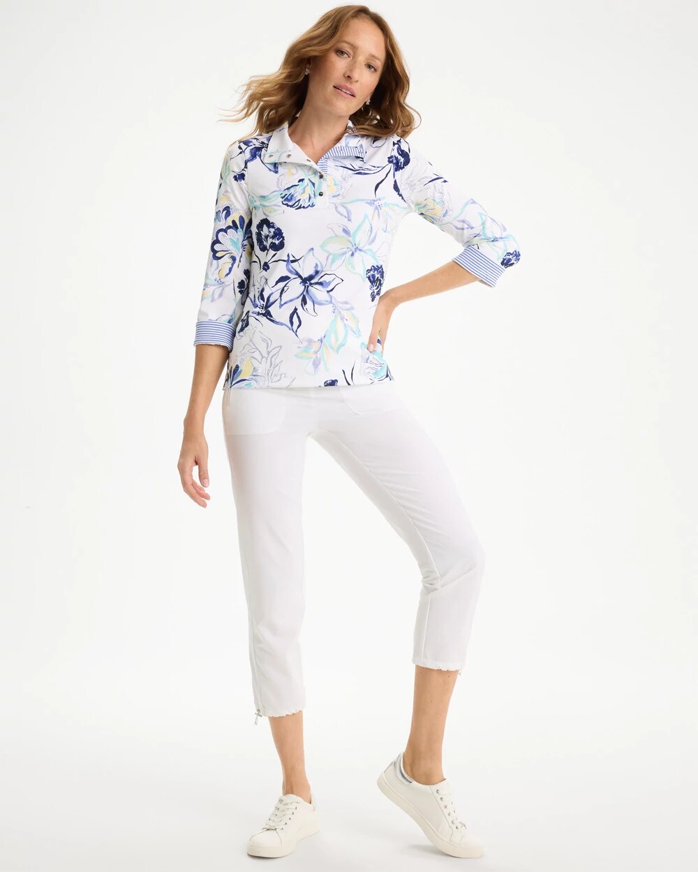 Chico's | Zenergy® UPF Floral Snap Mockneck/ Amparo Blue