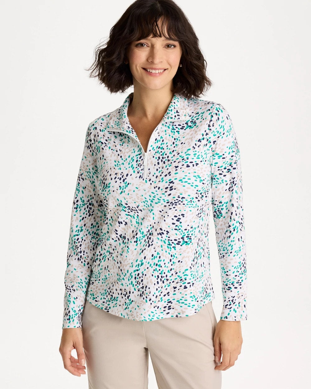 Chico's | Zenergy® UPF Dots Pullover Half Zip Top/ Topanga Green