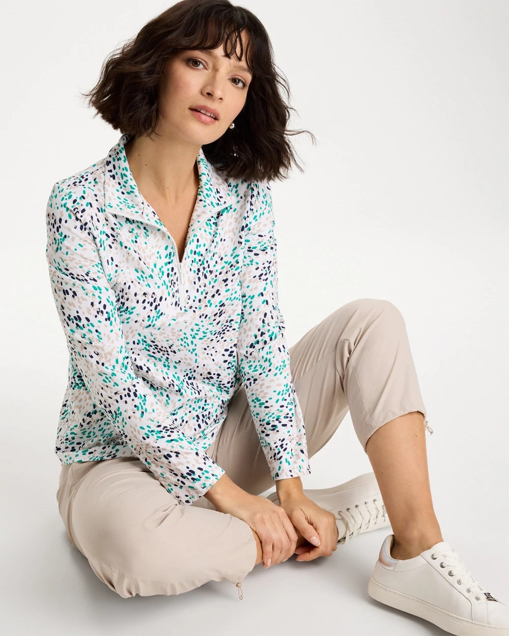 Chico's | Zenergy® UPF Dots Pullover Half Zip Top/ Topanga Green