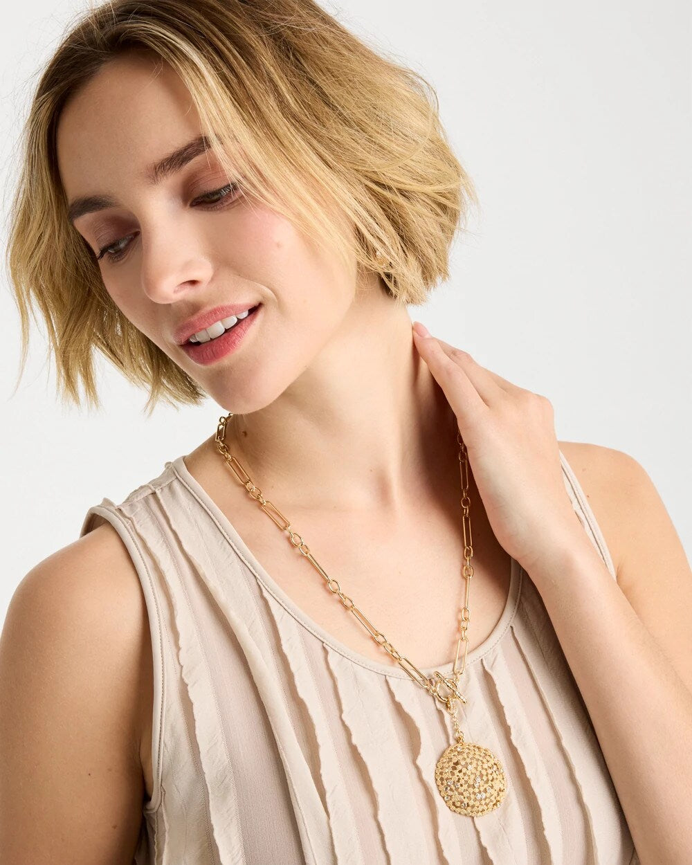 Chico's | Sea Foam Medallion Double-Strand Pendant Necklace/ Gold