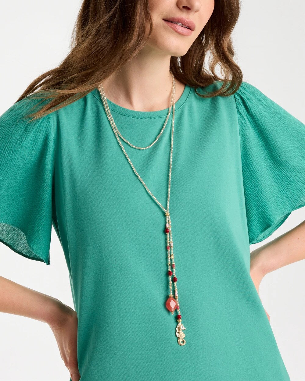 Chico's | Coral Genuine Stone Y-Pendant Necklace/ Coral