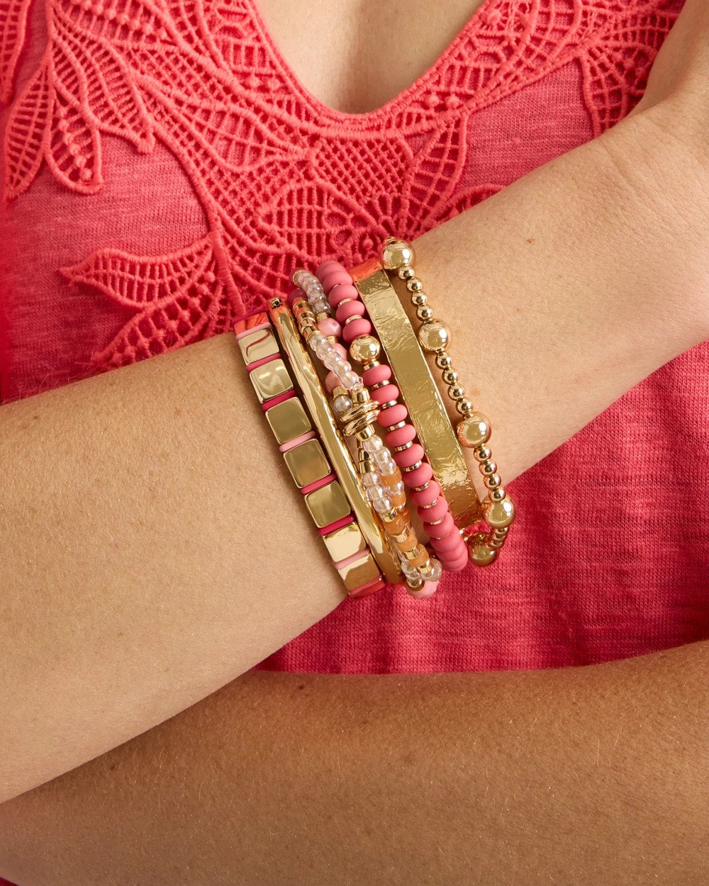 Chico's | Aventurine Jade Stone Stretch Bracelet/ Coral