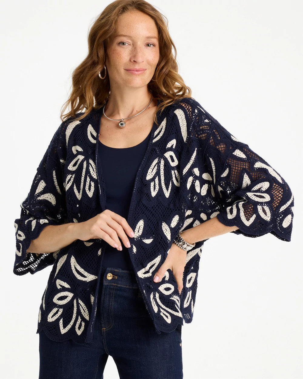 Chico's | Woven Crochet Lace Contrast Kimono/ Passport Blue