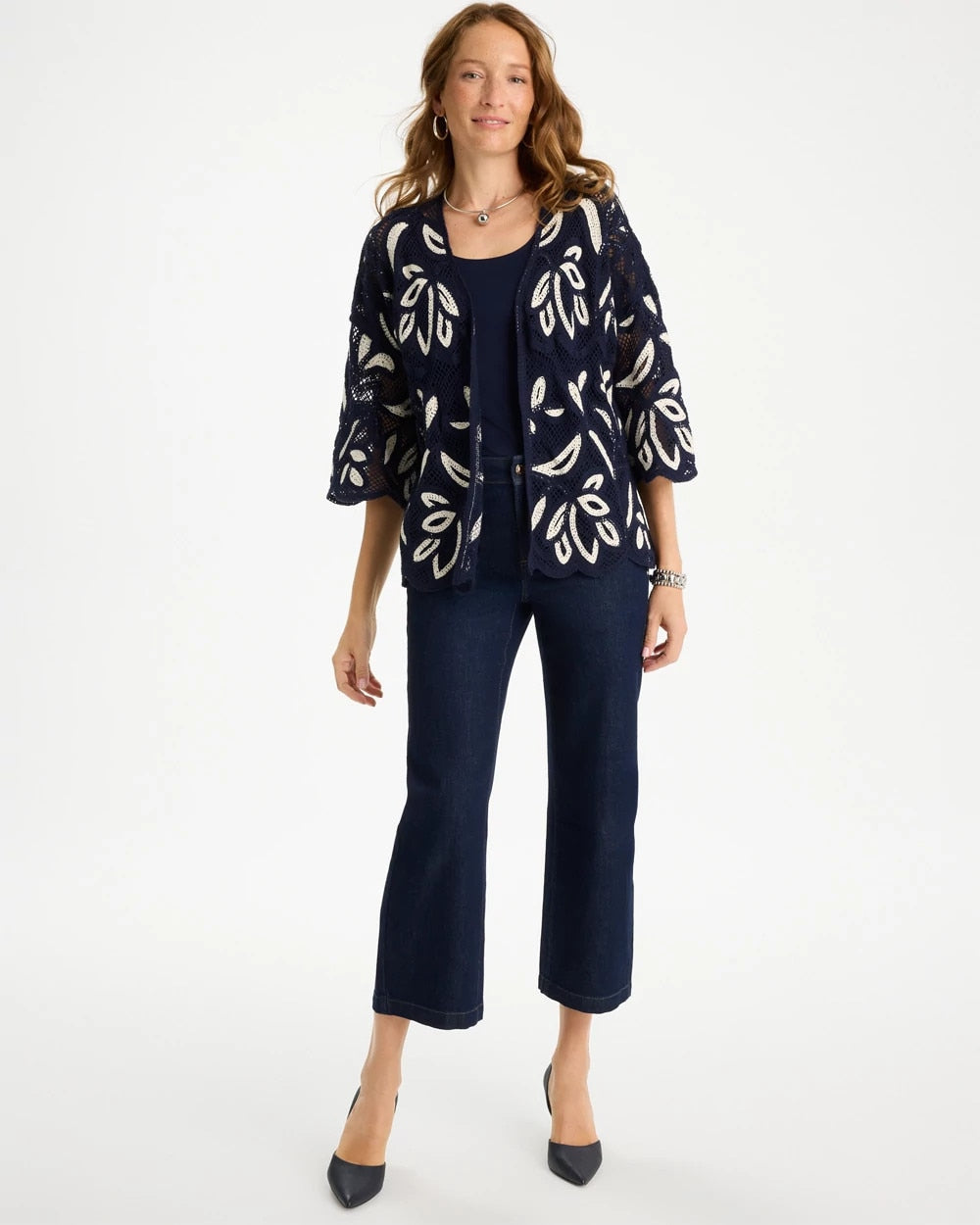 Chico's | Woven Crochet Lace Contrast Kimono/ Passport Blue