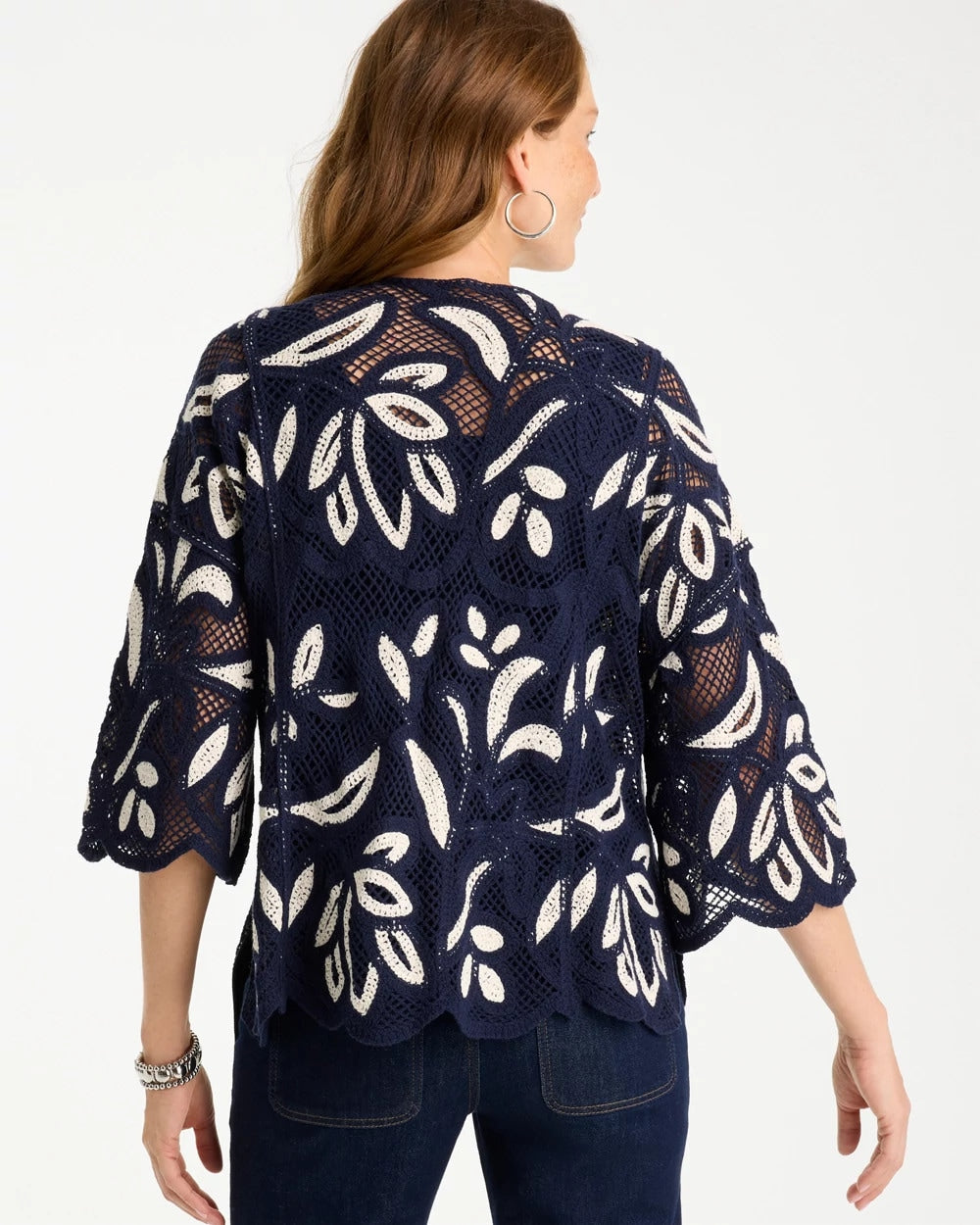 Chico's | Woven Crochet Lace Contrast Kimono/ Passport Blue