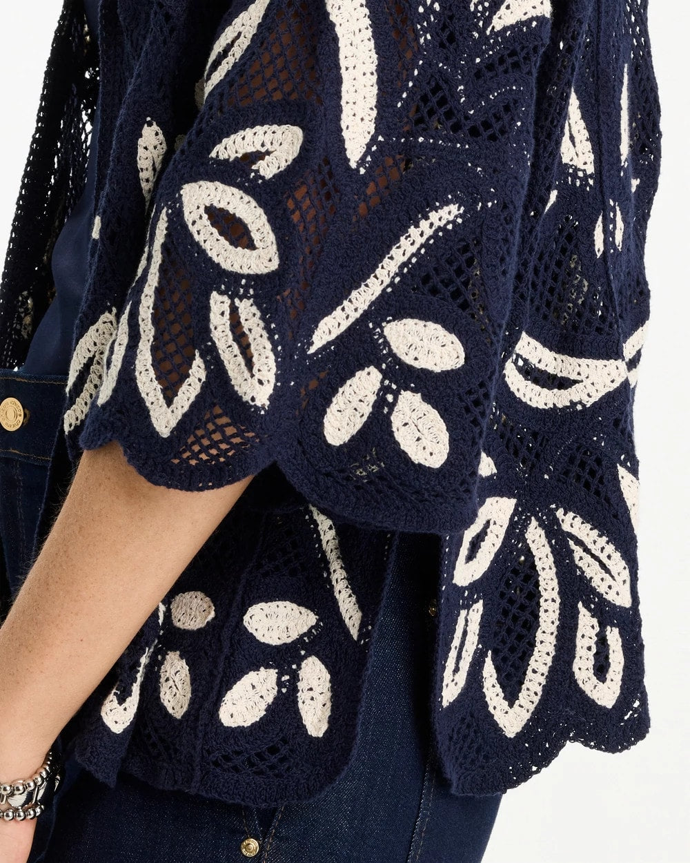 Chico's | Woven Crochet Lace Contrast Kimono/ Passport Blue