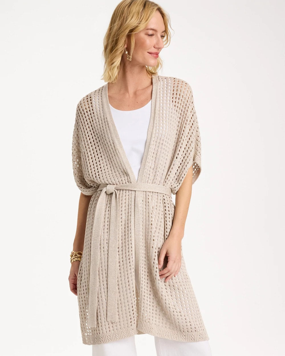 Chico's | Crochet Knit Belted Ruana/ Neutral