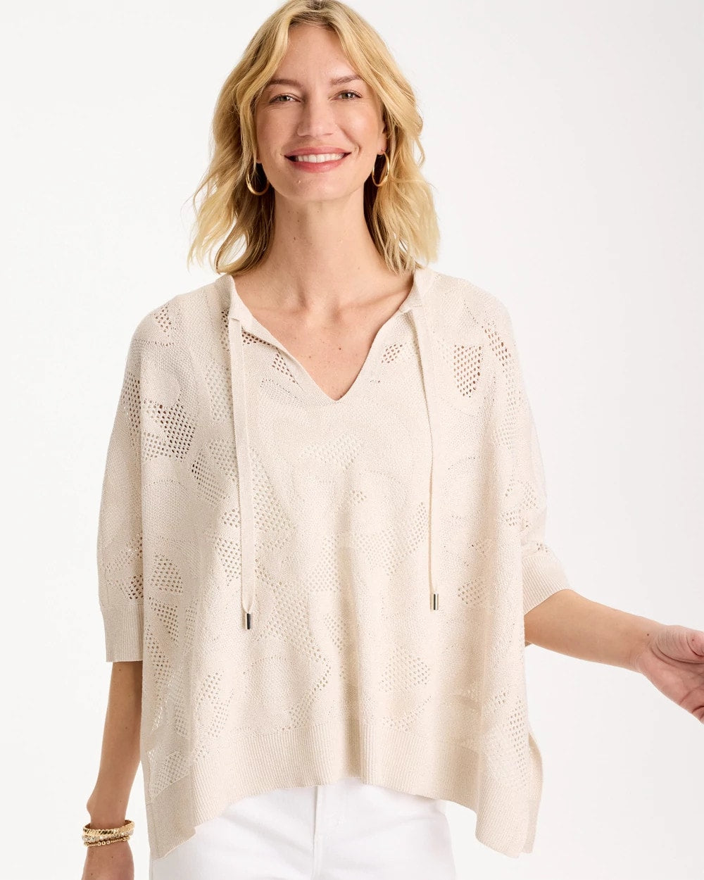 Chico's | Crochet Lace Notch Neck Poncho/ Ecru