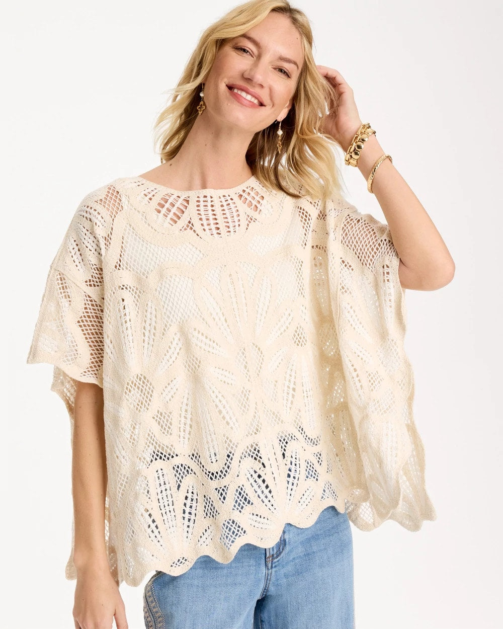 Chico's | Woven Cotton-Blend Crochet Lace Poncho/ Ecru
