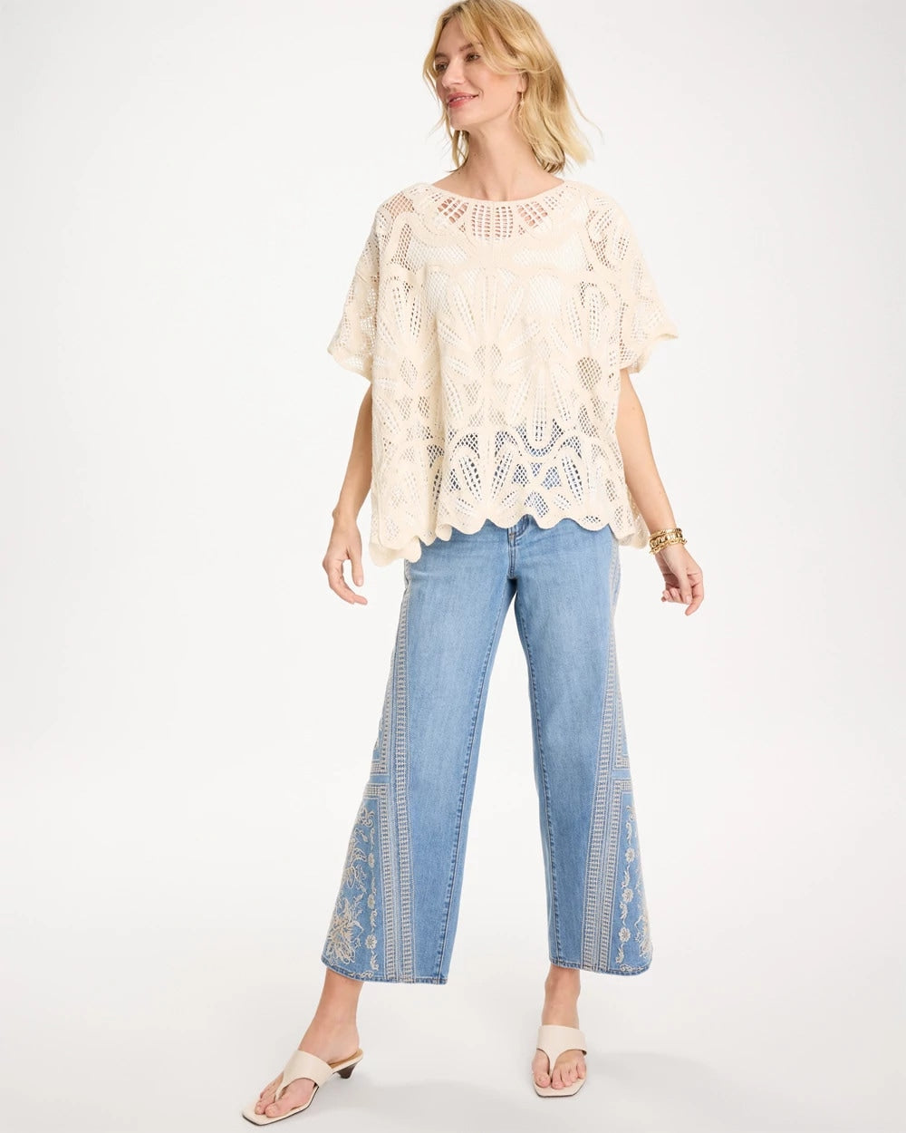 Chico's | Woven Cotton-Blend Crochet Lace Poncho/ Ecru