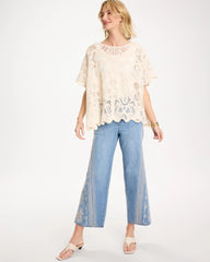 Chico's | Woven Cotton-Blend Crochet Lace Poncho/ Ecru
